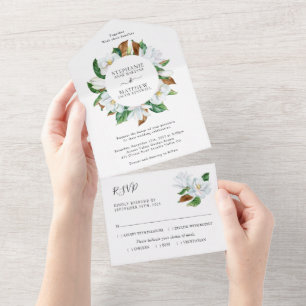 Elegante weiße Magnolien-Blumenhochzeit All In One Einladung