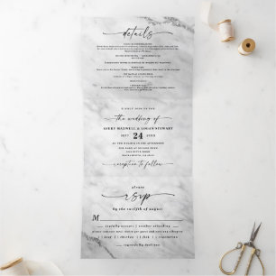 Elegante weiße Marmor-Hochzeit mit Silberfolie Dreifach Gefaltete Einladung