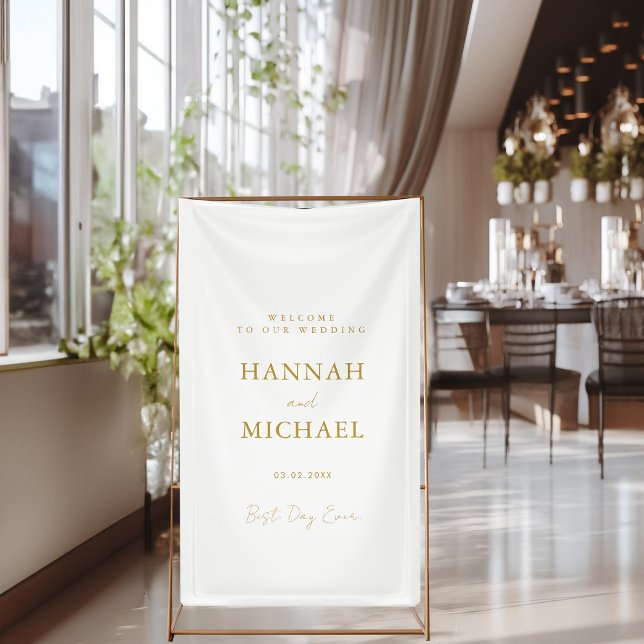 Elegante, weiße, minimale Hochzeit Banner (Best Day Ever! Modern, black, wedding banner. Elegant, beige-gold, handwriting typography.)