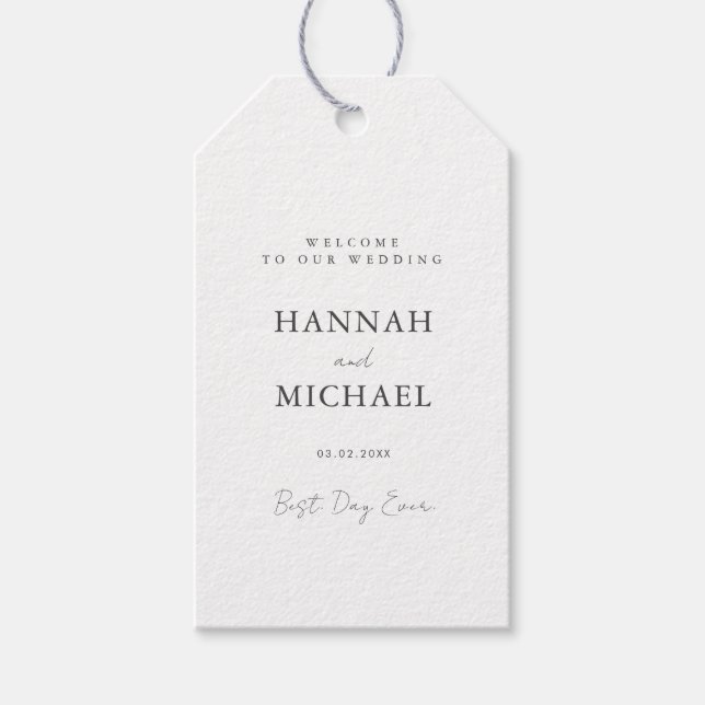 Elegante, weiße, minimale Hochzeit Geschenkanhänger (Vorderseite)
