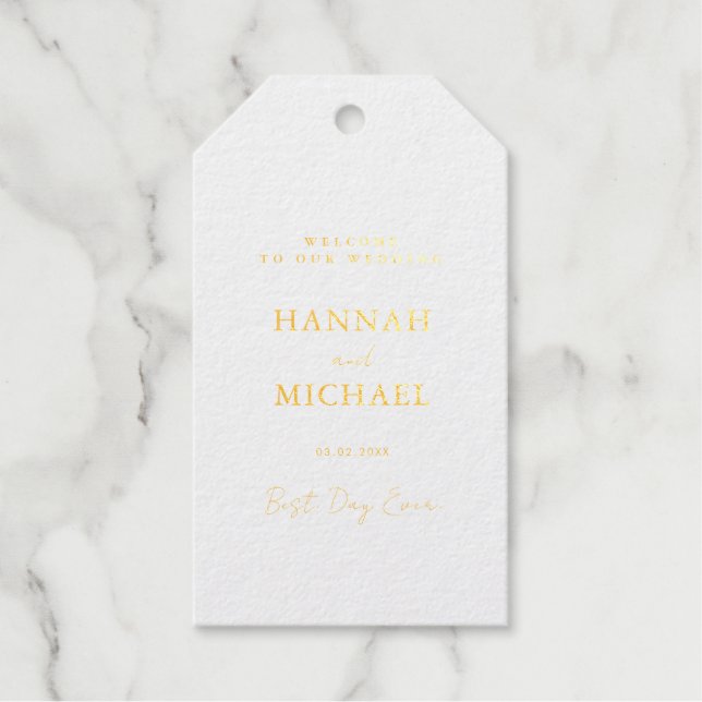 Elegante, weiße, minimale Hochzeit Geschenkanhänger (Vorderseite)