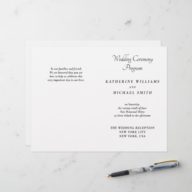 Elegante weiße minimalistische Hochzeitsprogramme (Vorderseite/Rückseite Beispiel)
