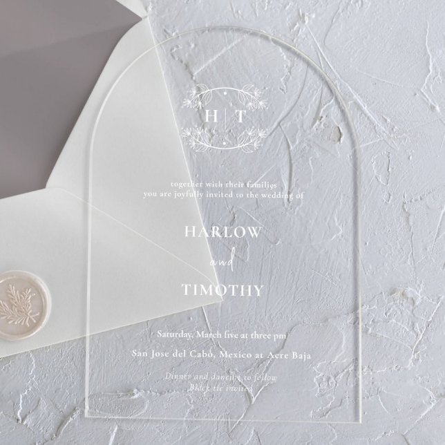 Elegante, weiße Monogramm-Kalligrafie-Hochzeit Acryleinladungen (Von Creator hochgeladen)