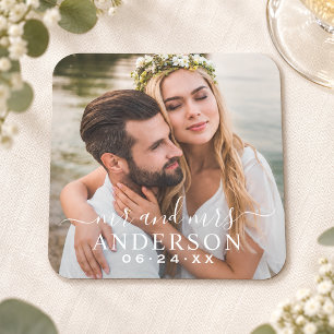 Elegante Weiße Mr und Mrs Foto-Hochzeit Rechteckiger Pappuntersetzer