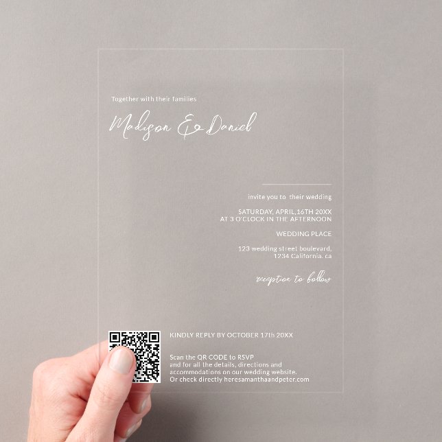 Elegante weiße Namen Kalligraphie Qr Code Hochzeit Acryleinladungen (Insitu (Handheld))