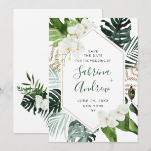 Elegante weiße Orchidee Bohemian Greenery Hochzeit Save The Date
