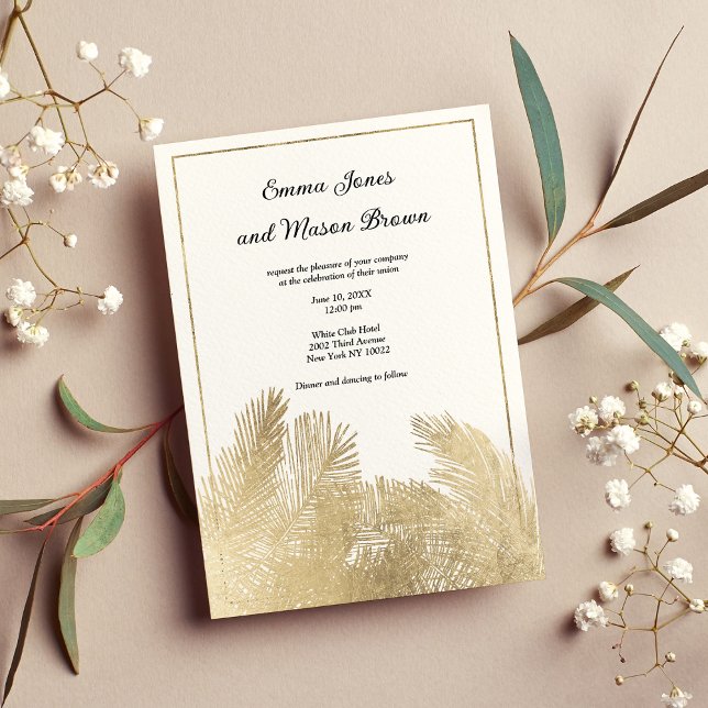 Elegante weiße Palmen tropische Hochzeit Einladung (Elegant white gold palm tree tropical Wedding )