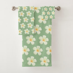 Elegante weiße Plumeria-Blume auf Grün Badhandtuch Set