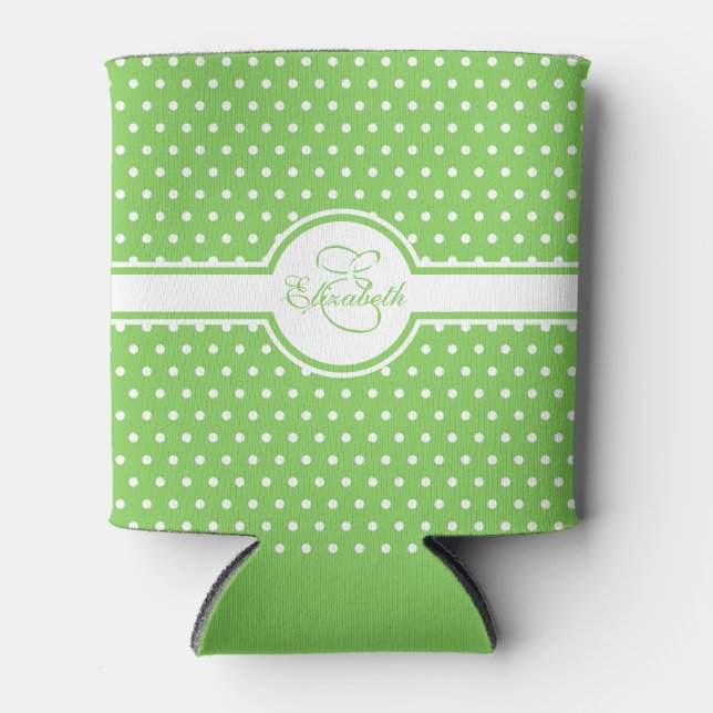 Elegante weiße Polka Punkte auf grünem Monogramm Dosenkühler (Vorderseite)