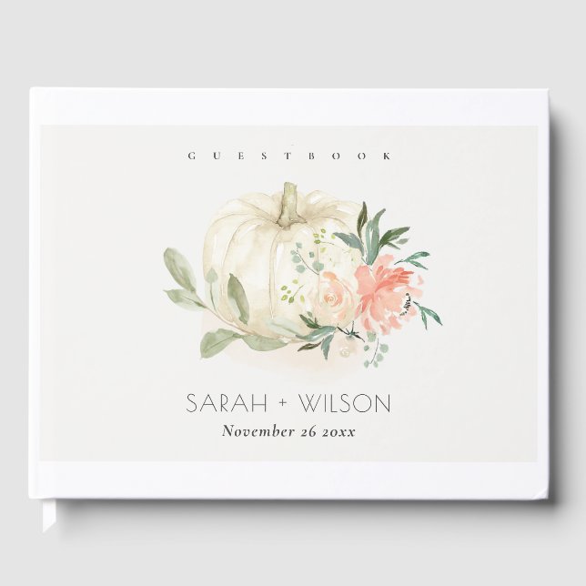Elegante weiße Pumpkin Blush Bloral Wedding Gästebuch (Vorderseite)