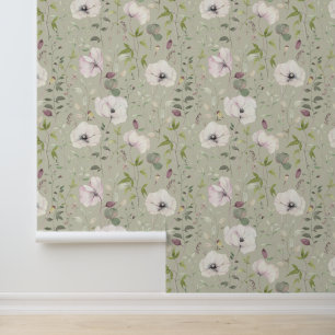 Elegante weiße Pupien florales Muster Grün Tapete