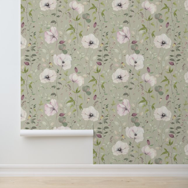 Elegante weiße Pupien florales Muster Grün Tapete (Anwendung)