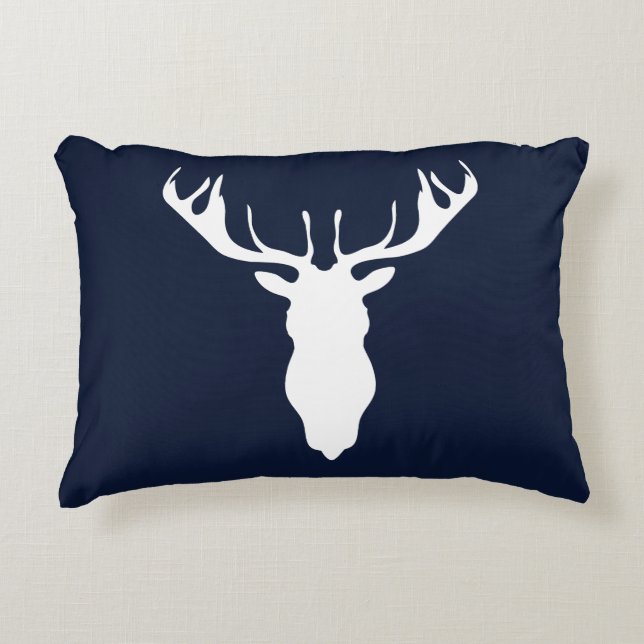 Elegante weiße Ren-Silhouette auf Marine-Blau Dekokissen (Vorderseite)