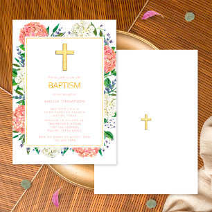 Elegante Weiße Rosa Hortensien Goldene Kreuz Taufd Einladung