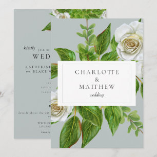 Elegante weiße Rose Greenery Website Hochzeit Einladung