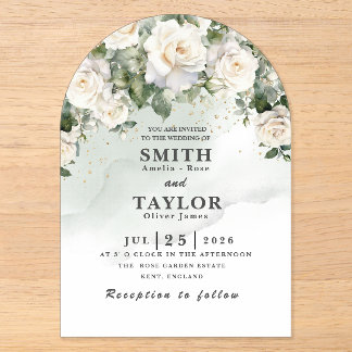 Elegante weiße Rose Grüne Salbei Hochzeitseinladun Acryleinladungen