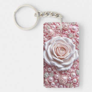 Elegante weiße Rose und funkelnde rosa Perlen Schlüsselanhänger