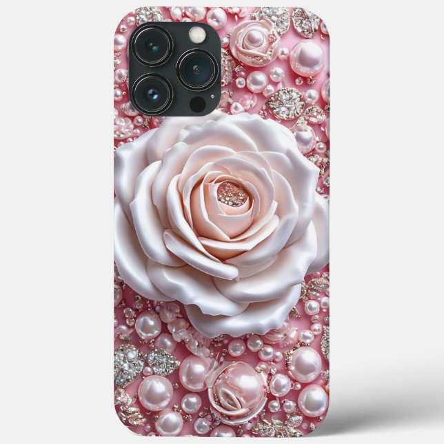 Elegante weiße Rose und glänzende, rosa Perlen Case-Mate iPhone Hülle (Rückseite)