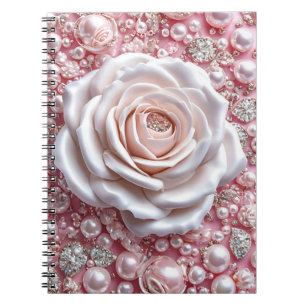 Elegante weiße Rose und glänzende, rosa Perlen Notizblock