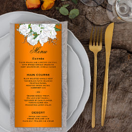 Elegante weiße Rosen auf Orange Wedding Menu Menükarte