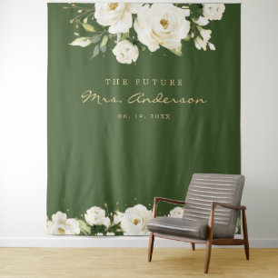 Elegante weiße Rosen-Brautabschiedsparty dunkle Fo Wandteppich