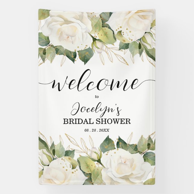 Elegante weiße Rosen Brautparty Begrüßung Banner (Vertikal)