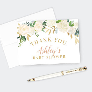 Elegante weiße Rosen goldene Grünpflanzen Babyshow Dankeskarte