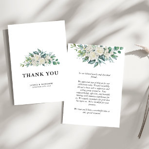 Elegante Weiße Rosen Grüne Florale Hochzeit Dankeskarte