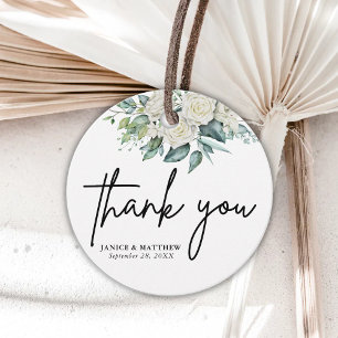 Elegante Weiße Rosen Grüne Florale Hochzeit Geschenkanhänger