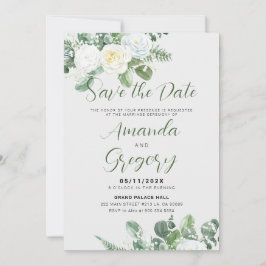Elegante Weiße Rosen & Grüne Rett-The-Date Einladung