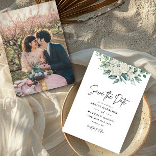 Elegante Weiße Rosen Grünzeug Florale Foto Hochzei Save The Date