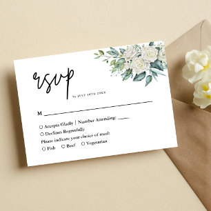 Elegante Weiße Rosen Grünzeug Florale Hochzeit RSVP Karte