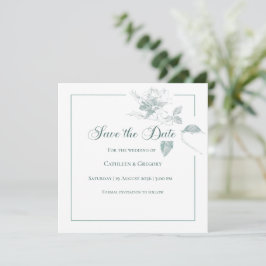 Elegante weiße Rosen in schiefergrünem Blumenschmu Save The Date