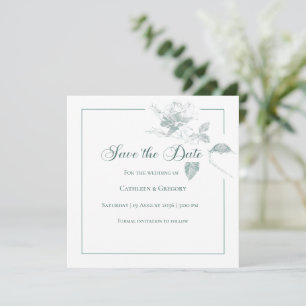 Elegante weiße Rosen in schiefergrünem Blumenschmu Save The Date