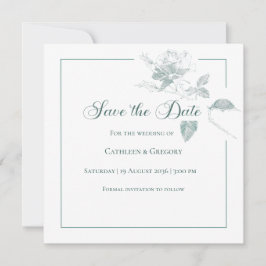Elegante weiße Rosen in schiefergrünem Blumenschmu Save The Date