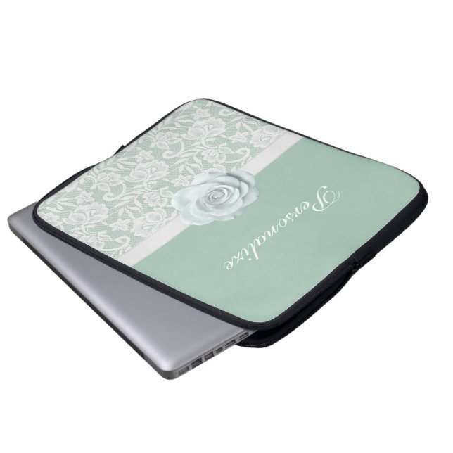 Elegante weiße Rosen u. Spitze-tadelloses Grün Laptopschutzhülle (Vorne Knopf)