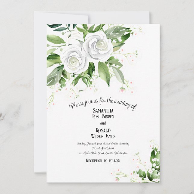 Elegante Weiße Rosen und Gipskraut Hochzeit Einladung (Vorderseite)
