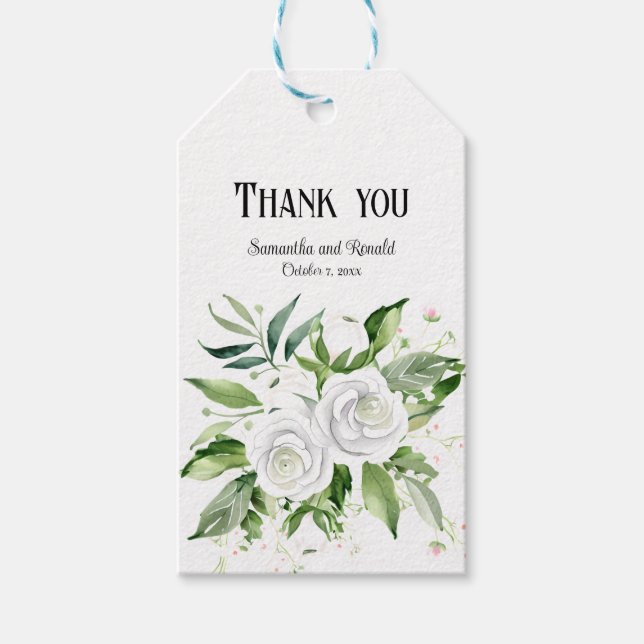 Elegante Weiße Rosen und Gipskraut Hochzeit Geschenkanhänger (Vorderseite)