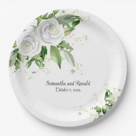 Elegante Weiße Rosen und Gipskraut Hochzeit Pappteller