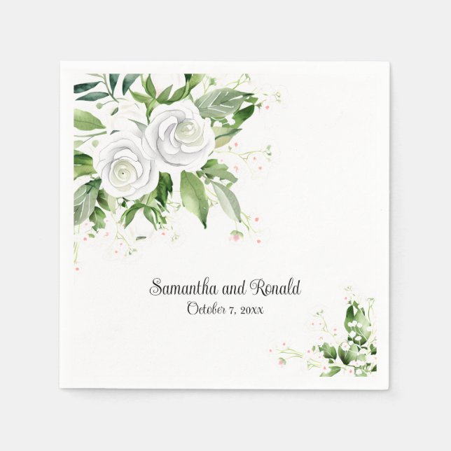 Elegante Weiße Rosen und Gipskraut Hochzeit Serviette (Vorderseite)