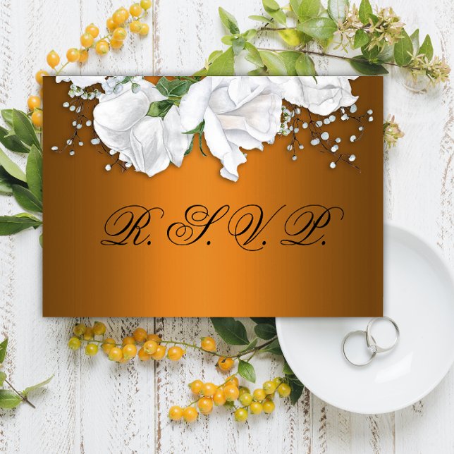 Elegante weiße Rosen und metallische Orangenhochze RSVP Karte (Von Creator hochgeladen)