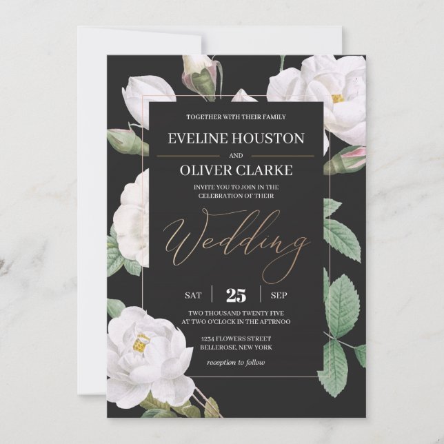Elegante weiße Rosen und schwarzer Hintergrund Einladung (Vorderseite)