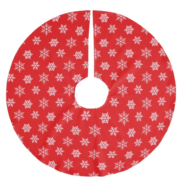 Elegante weiße Schneeflocken auf Rot Polyester Weihnachtsbaumdecke (Vorderseite)