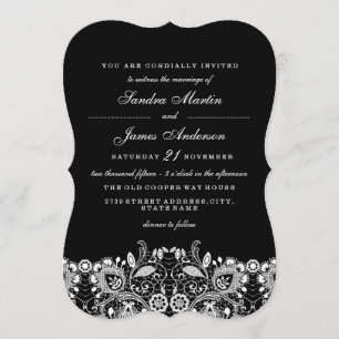 Elegante weiße schwarze Spitzen-Hochzeitseinladung Einladung