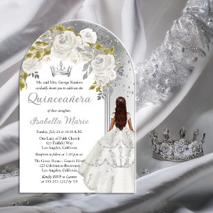 Elegante Weiße Silber-Rosen-Blumen-Quinceañera-Par Acryleinladungen