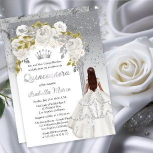 Elegante weiße silberne Rosenblumen-Quinceañera-Pa Folieneinladung