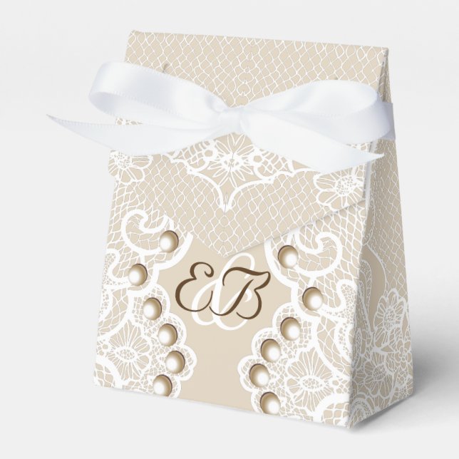 Elegante weiße Spitze mit Perlen beige Hochzeit Geschenkschachtel (Vorderseite)