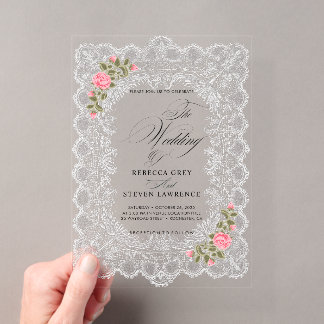 Elegante weiße Spitze rosa Blumen Kalligrafie Hoch Acryleinladungen