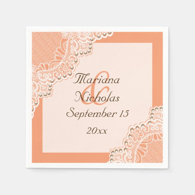 Elegante weiße Spitzen & Perlen Korallenorange Hoc Serviette (Vorderseite)