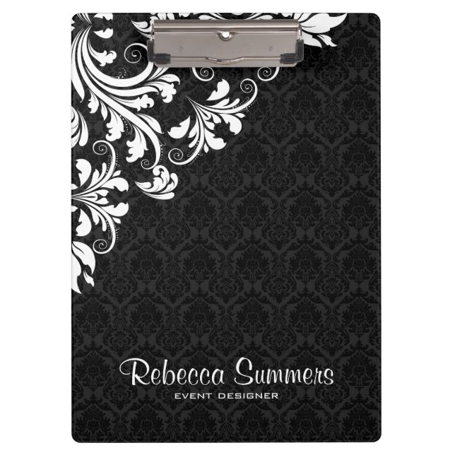 Elegante weiße Spitzen und schwarze Damasken Klemmbrett (Vorderseite)